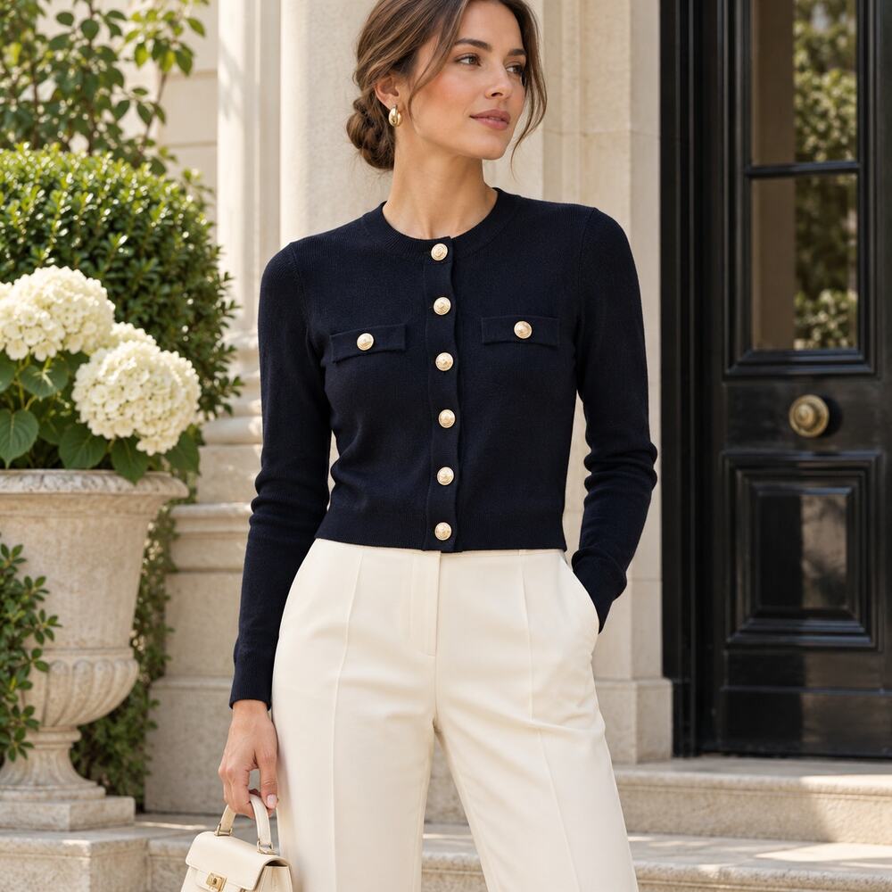 L'AGENCE Toulouse Cardigan Sweater Black Gold Buttons Sz S $475 {Z34}
